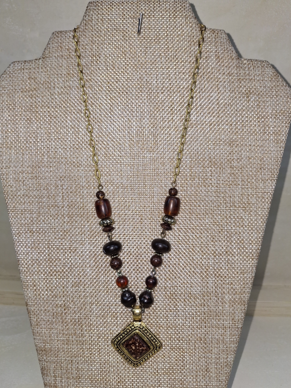 Gold-Tone Brown Beaded Pendant Necklace - Women Jewelry